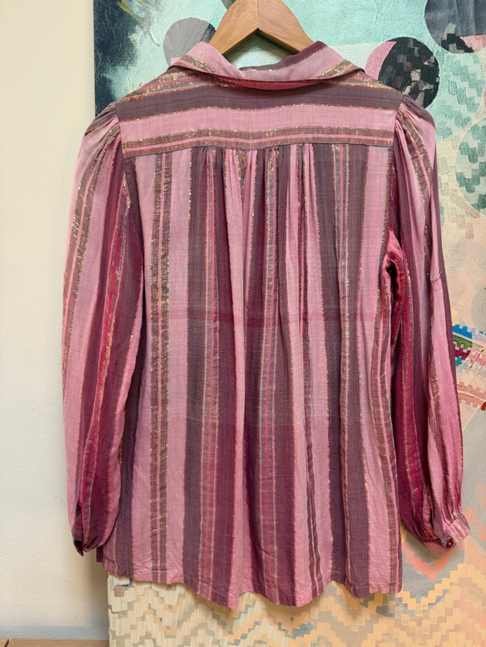 Vintage Indian Cotton Gauze Blouse Pink Metallic Stripes Size small - Picture 8 of 14